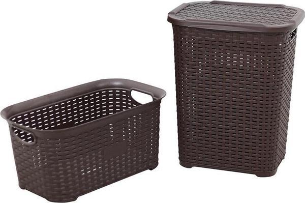 Sağlam Plastik Rattan Hasır Görünümlü Kirli Çamaşır Sepeti- Çamaşır sepeti 2'li Set Kahverengi - Image 1