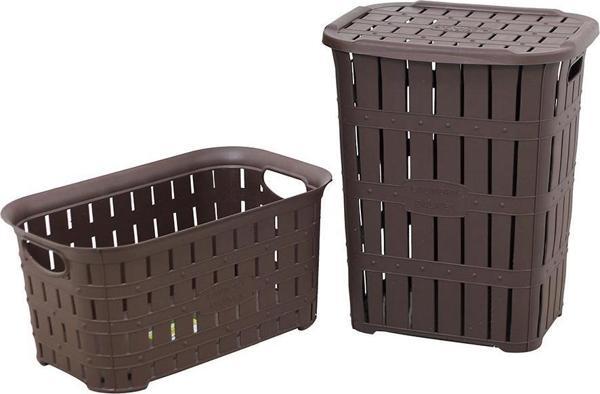 Sağlam Plastik Bambu Görünümlü Kirli Çamaşır Sepeti- Çamaşır sepeti 2'li Set Kahverengi - Image 1