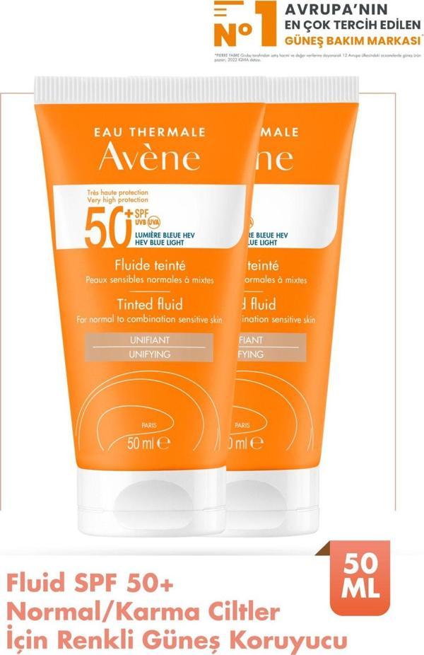 Avene Tinted Fluid Spf 50+ Normal Veya Karma Ciltler İçin Renkli Yüksek Korumalı Güneş Kremi 50 Ml 2 Adet - Image 1