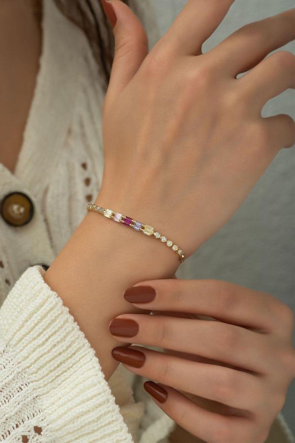 925 Ayar Altın Kaplama Baget Taşlı Gümüş Suyolu Bileklik - Image 1