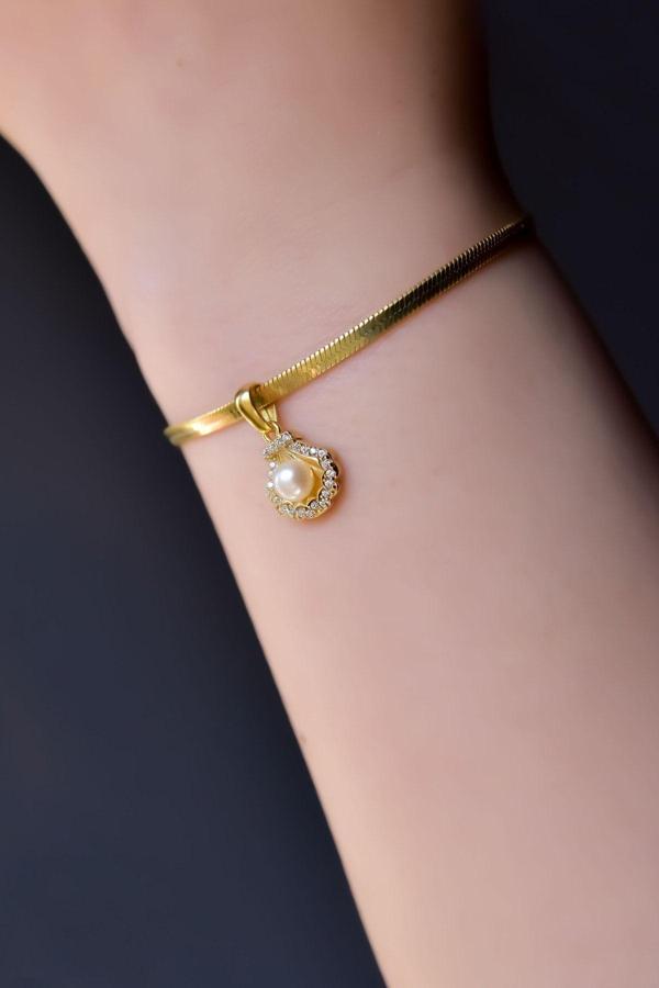 925 Ayar Gümüş Gold Kaplama Incili Deniz Kabuğu, Italyan Zincir Bileklik - Image 1