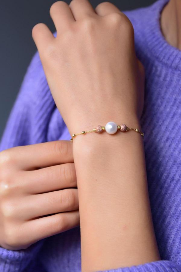 925 Ayar Gümüş 2 Renk Sim Dorika Toplu Inci Kadın Bileklik - Image 1