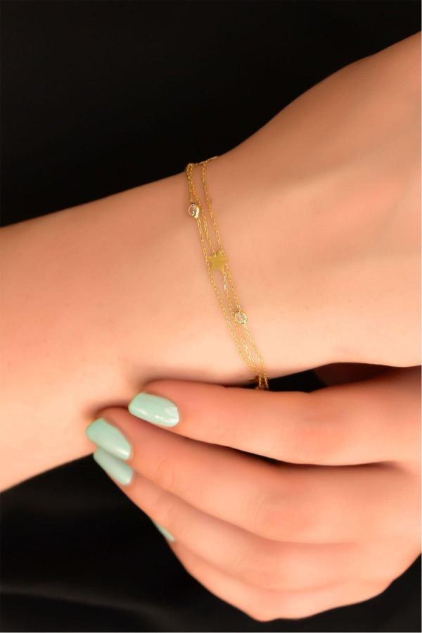 925 Ayar Gümüş Altın Kaplama Beyaz Taşlı Yıldız Zincir Bileklik - Image 1