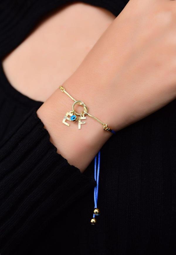 925 Ayar Gümüş Gold Kaplama Lacivert Ipli Kesim E-f Harfli Cam Göz Düğüm Kadın Bileklik - Image 1