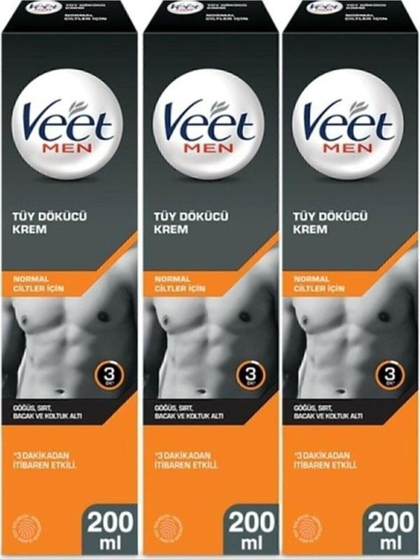 Veet Men Men Erkeklere Özel Tüy Dökücü Krem Normal Ciltler İçin 600 Ml (200Ml X 3 Adet), Kesik Çizik Yapmaz - Image 1