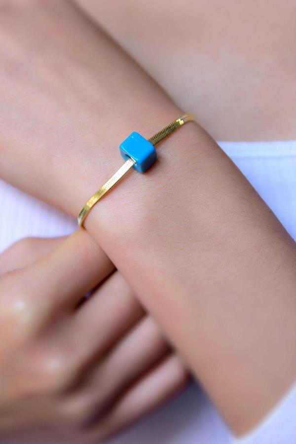 925 Ayar Gümüş Gold Kaplama Mavi Kare Boncuklu İtalyan Zincir Bileklik - Image 1