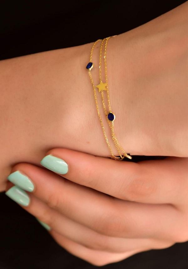 925 Ayar Gümüş Altın Kaplama Kırmızı Taşlı Yıldız Zincir Bileklik - Image 1