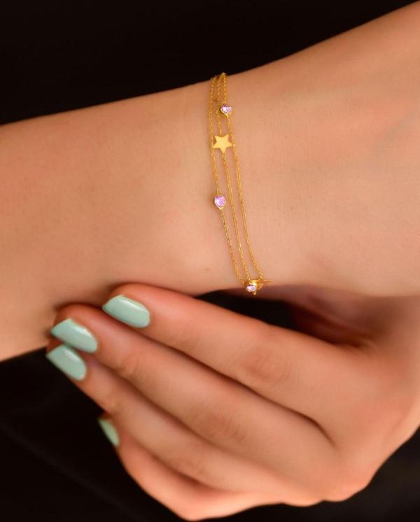 925 Ayar Gümüş Altın Kaplama Pembe Taşlı Yıldız Zincir Bileklik - Image 1