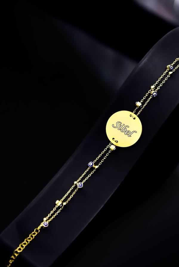 925 Ayar Gümüş Gold Kaplama Nazar Mineli Zincir Isimli Plaka Bileklik - Image 1