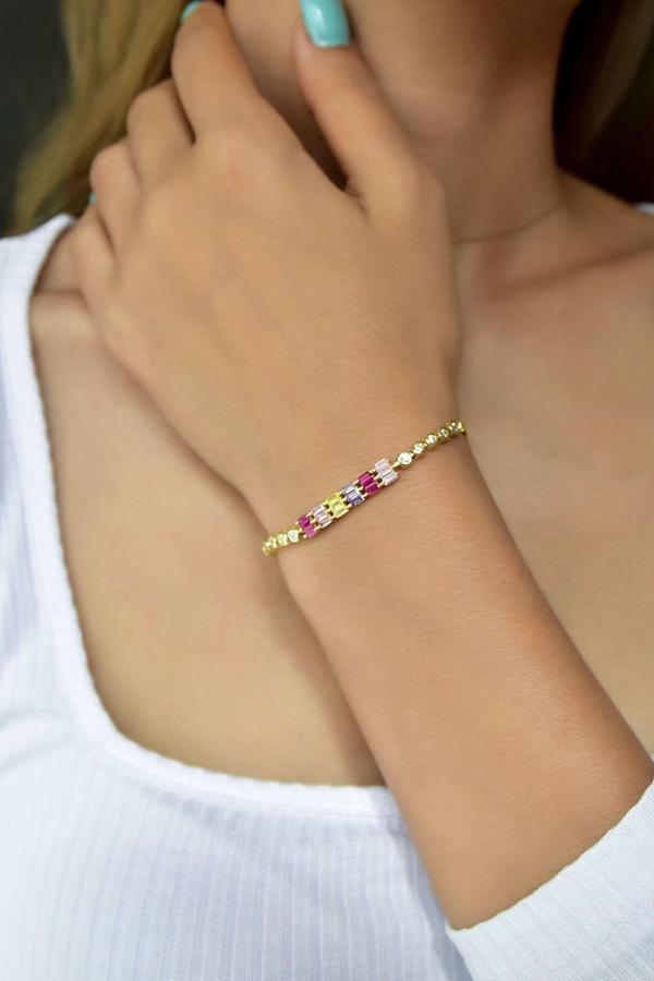 925 Ayar Gümüş Altın Kaplama Renkli Taşlı Baget Bileklik - Image 1