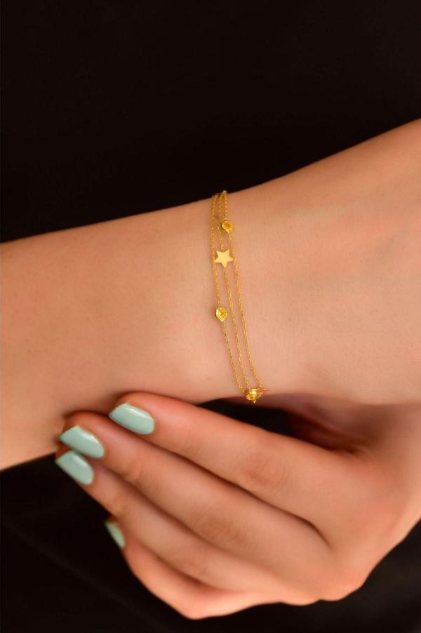 925 Ayar Gümüş Altın Kaplama Sarı Taşlı Yıldız Zincir Bileklik - Image 1