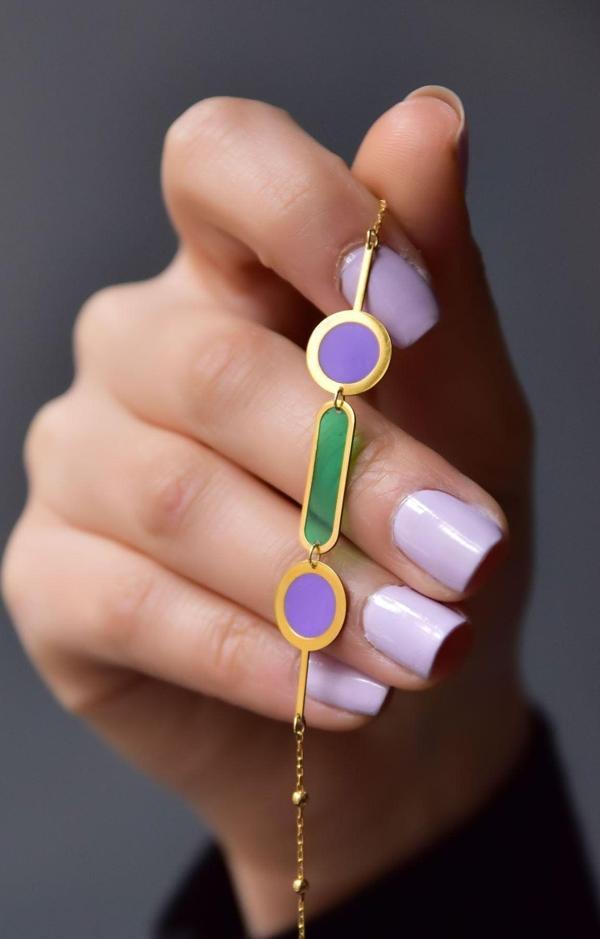 925 Ayar Gümüş Gold Kaplama Parlayan Rüya Serisi Geometrik Tasarım Ebruli Cam Boyalı Bileklik - Image 1