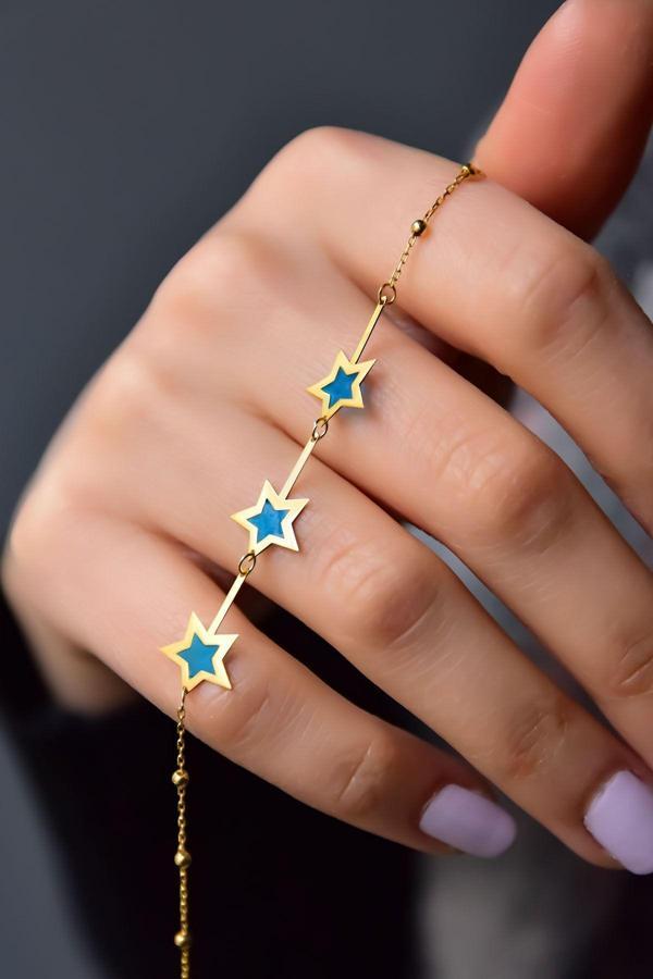925 Ayar Gümüş Gold Kaplama Parlayan Rüya Serisi Yıldız Tasarım Ebruli Cam Boyalı Bileklik - Image 1