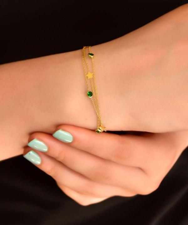 925 Ayar Gümüş Altın Kaplama Yeşil Taşlı Yıldız Zincir Bileklik - Image 1