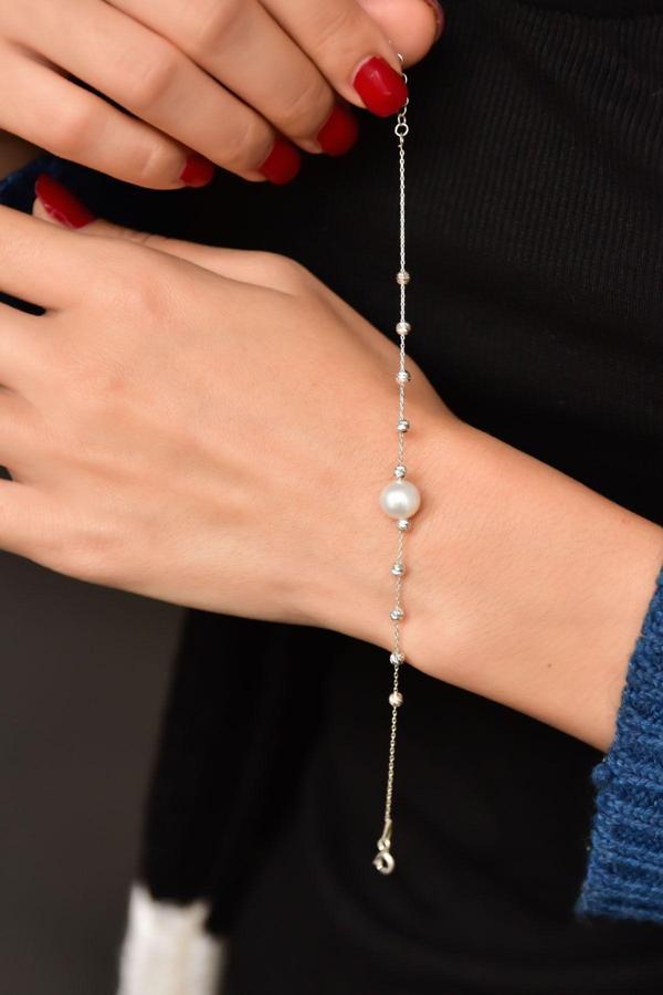 925 Ayar Gümüş Rodyum Kaplama Dorika Toplu Incili Bileklik - Image 1