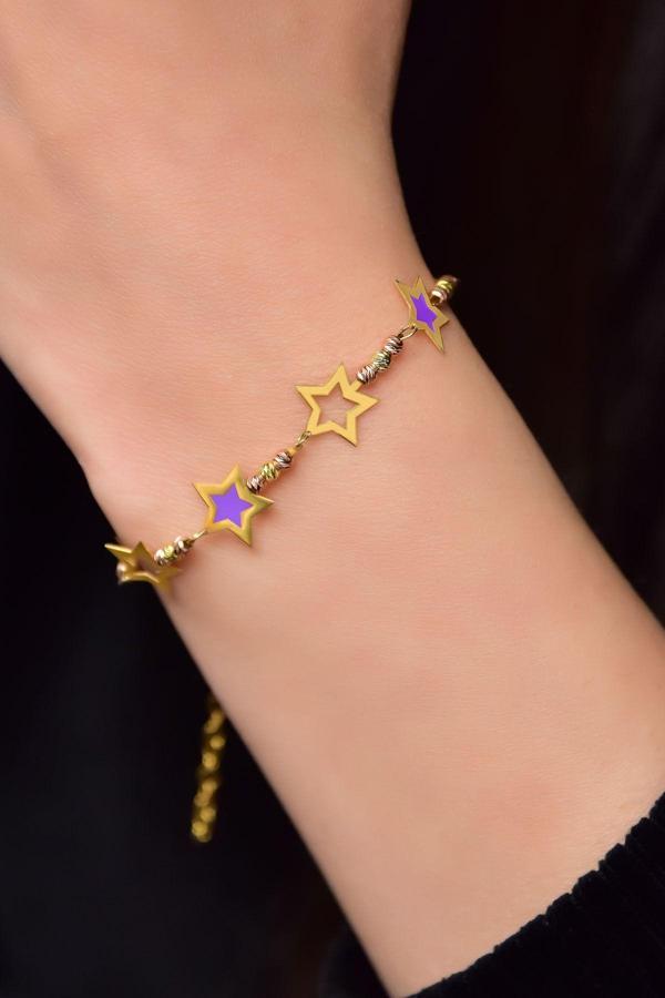 925 Ayar Gümüş Dorika Toplu Parlayan Rüya Serisi Ebruli Mor Cam Boyalı Dilek Yıldızları Bileklik - Image 1