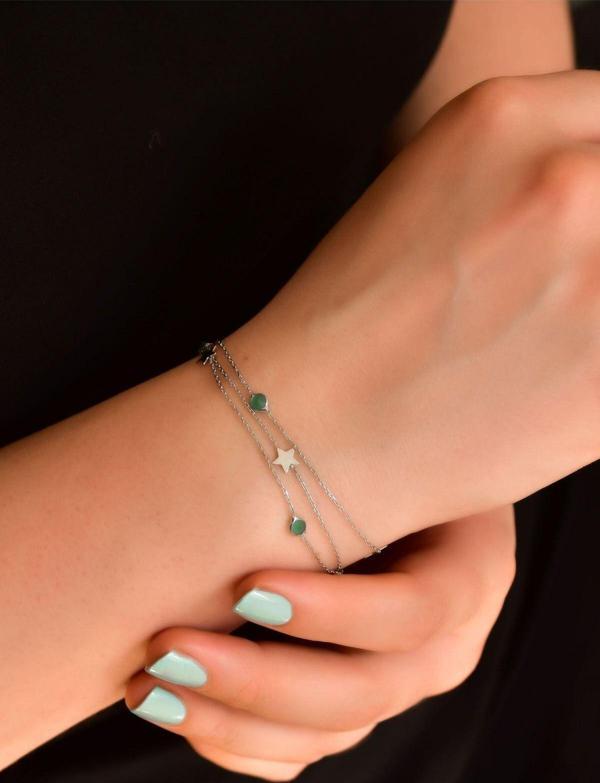 925 Ayar Gümüş Rodyum Kaplama Mat Yeşil Taşlı Yıldız Zincir Bileklik - Image 1