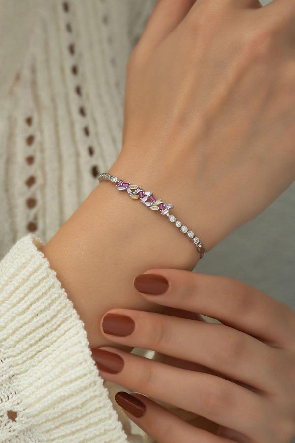 925 Ayar Gümüş Rodyum Kaplama Renkli Baget Taşlı Bileklik - Image 1