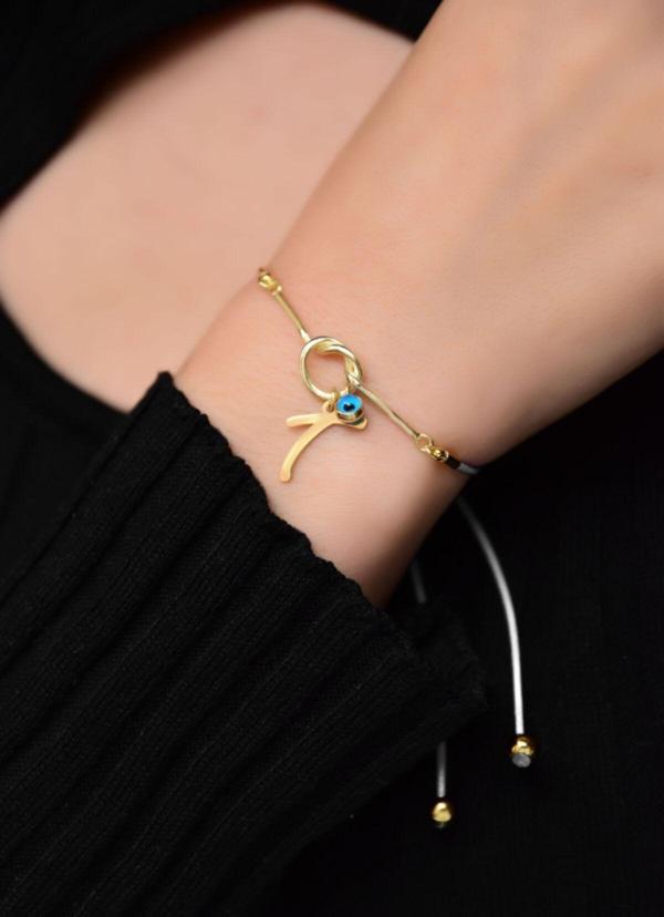 925 Ayar Gümüş Gold Kaplama Beyaz Ipli Harfli Cam Göz Düğüm Kadın Bileklik - Image 1