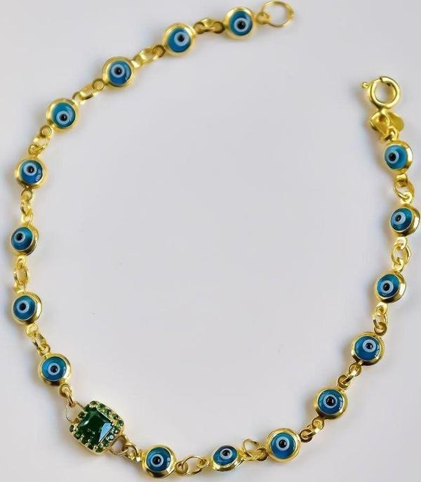 925 Ayar Gümüş Gold Kaplama Cam Göz Nazar Boncuklu Yeşim Baget Taşlı Bileklik - Image 1