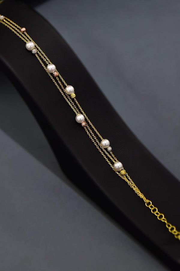 925 Ayar Gümüş Üç Renk Dorika Toplu Incili Üç Zincir Bileklik - Image 1