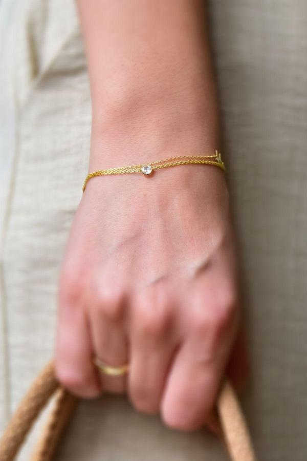 925 Ayar Gümüş Gold Kaplama Doğum Taşlı Üç Zincirli Kalemli Yıldız Bileklik - Image 1