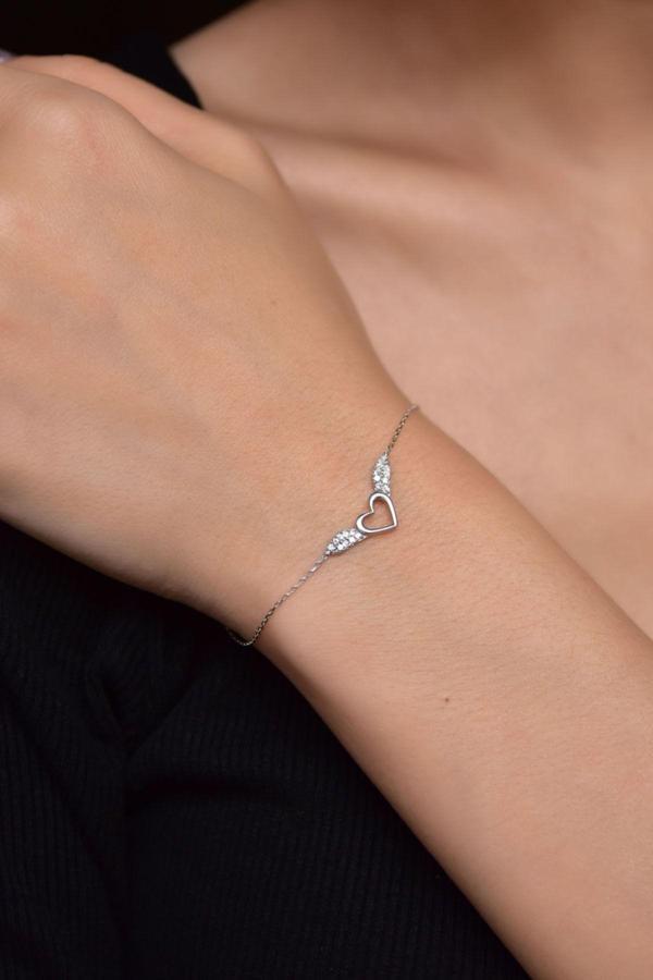 925 Ayar Gümüş Rodyum Kaplama Zirkon Taşlı Kalp Kanat Bileklik - Image 1