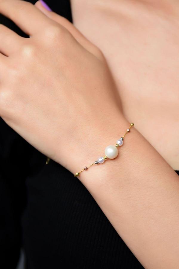 925 Ayar Gümüş Üç Renk Kaplama Dorika Toplu Incili Kadın Bileklik - Image 1