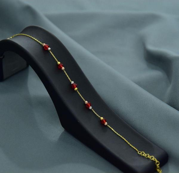 925 Ayar Gümüş Gold Kaplama Zarif Kırmızı Renk Boncuklu, Dorika Toplu Bileklik - Image 1