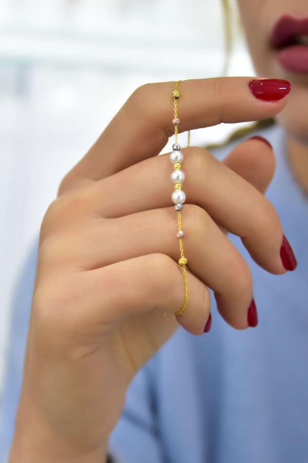 925 Ayar Gümüş Üç Renk Kaplama Dorika Toplu Üç Incili Kadın Bileklik Uvpts200003 - Image 1