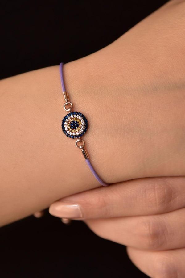 925 Ayar Gümüş Zirkon Taşlı Lila Ipli Nazar Kadın Bileklik - Image 1