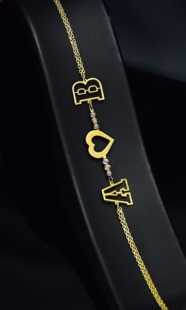 925 Ayar Gümüş Gold Kaplama Dorika Toplu Harfli, Kalp Bileklik - Image 1