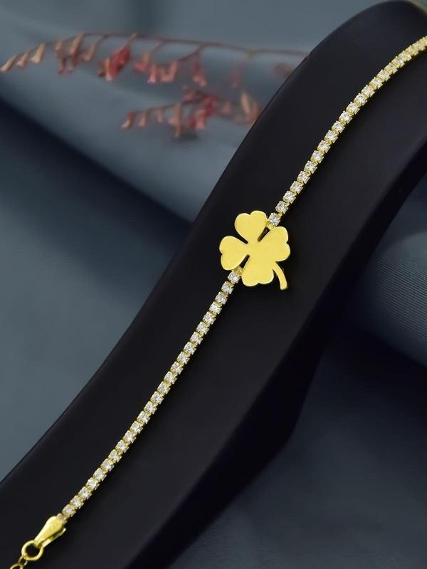 925 Ayar Gümüş Gold Kaplama Zirkon Taşlı Su Yolu Yonca Bileklik - Image 1