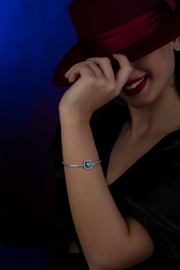 925 Ayar Gümüş Kare Mavi Gözlü Nazar Asansör Bileklik - Image 1