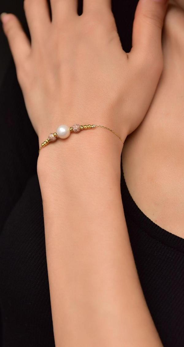 925 Ayar Gümüş Gold Kaplama Dorika Toplu Simli Inci Taşlı Bileklik - Image 1