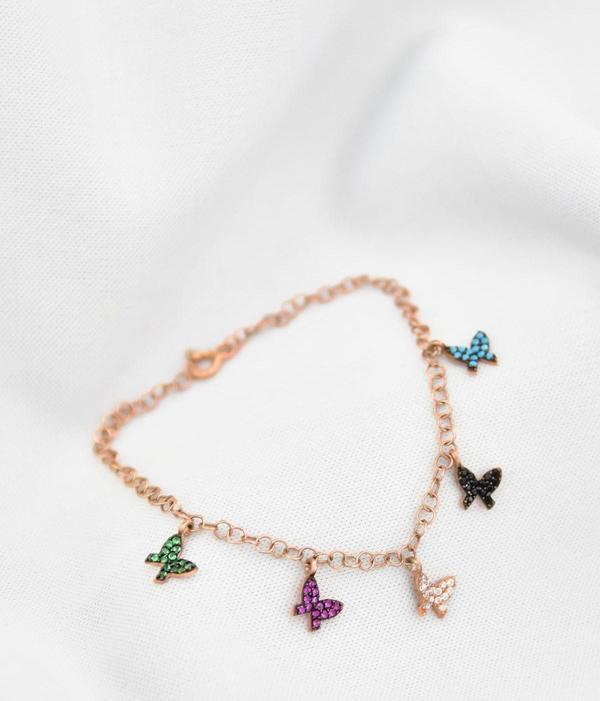 925 Ayar Gümüş Rose Kaplama Renkli Taşlı Kelebek Bileklik - Image 1