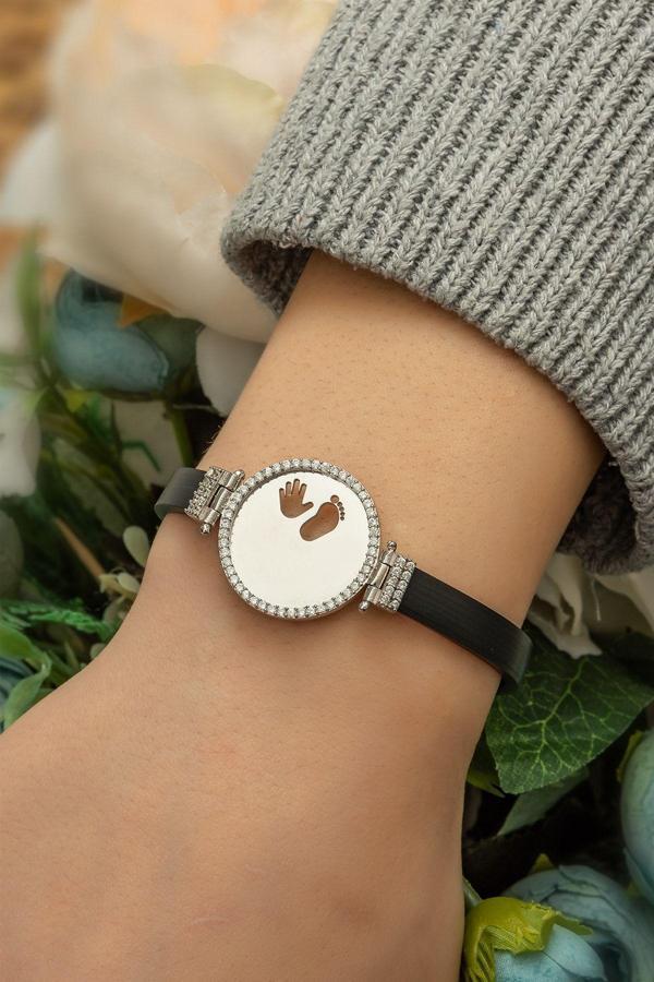 Deri Kordonlu Zirkon Halka Anne Çocuk El Ayak Bileklik 925 Ayar Gümüş - Image 1