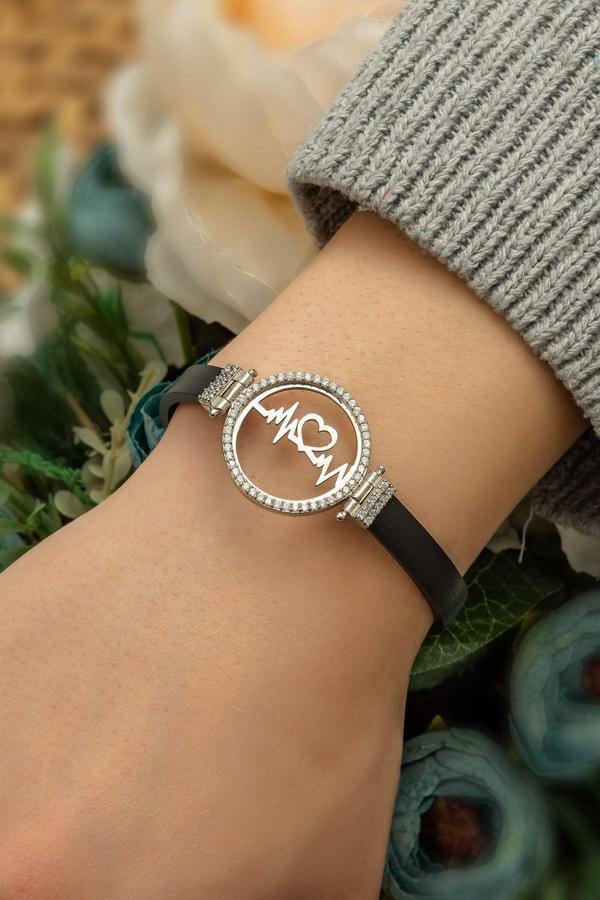 Deri Kordonlu Zirkon Halka Kalp Ritmi Bileklik 925 Ayar Gümüş - Image 1