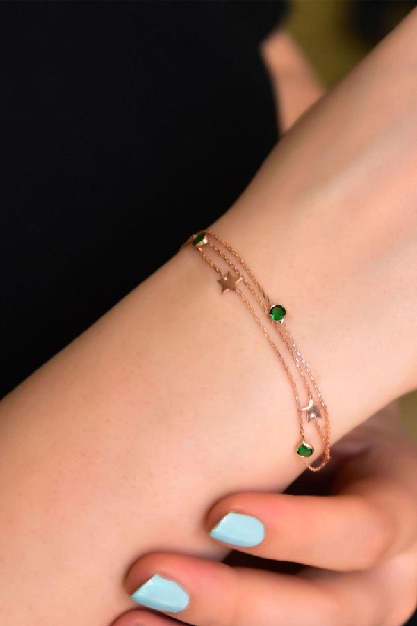 925 Ayar Gümüş Rose Kaplama Yeşil Taşlı Yıldız Zincir Bileklik - Image 1
