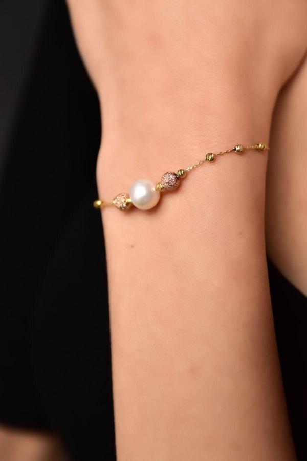 925 Ayar Gümüş Rose-gold Kaplama Inci Simli Dorika Toplu Bileklik - Image 1