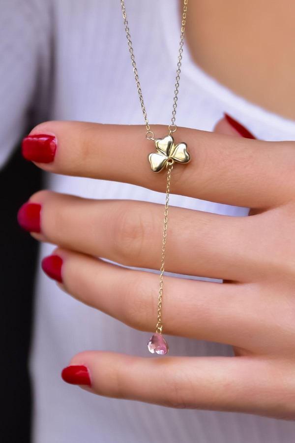 925 Ayar Gold Kaplama Pembe Taşlı Kalp Yonca Kadın Kolye - Image 1