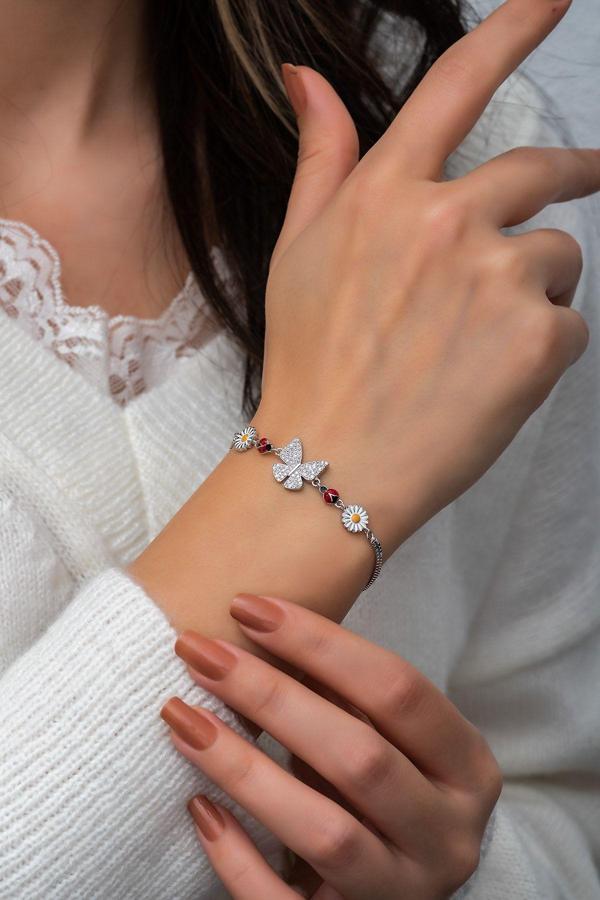 Kelebek Papatya Uğur Böceği Renkli Mineli Rodyum Kaplama 925 Ayar Gümüş Bileklik - Uvps200153 - Image 1