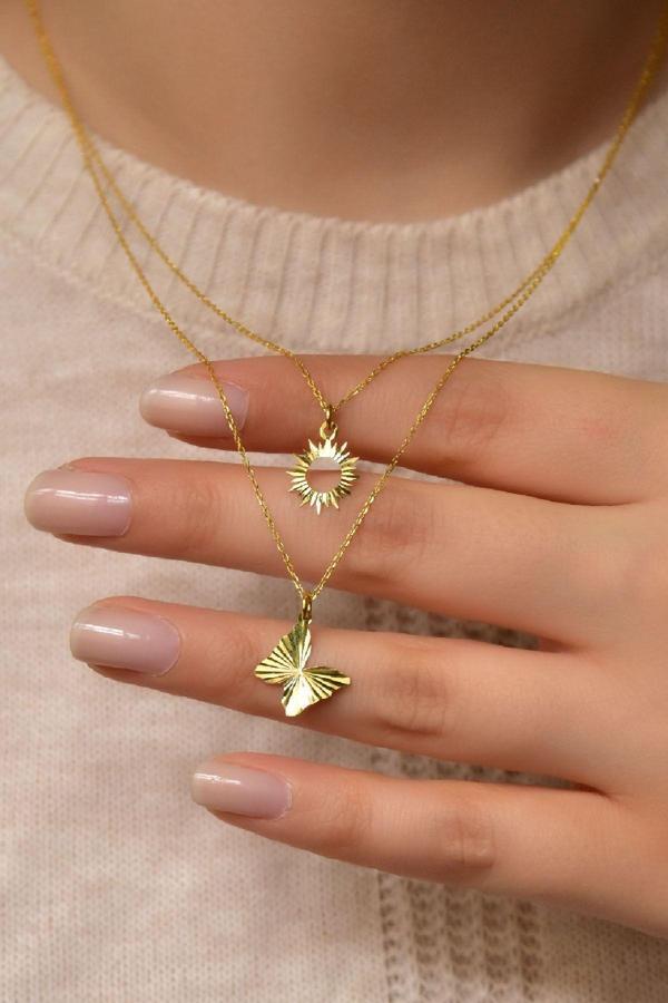 925 Ayar Gümüş Altın Kaplama Kristal Kesim Güneş Ve Kelebek Asansörlü Kolye - Image 1