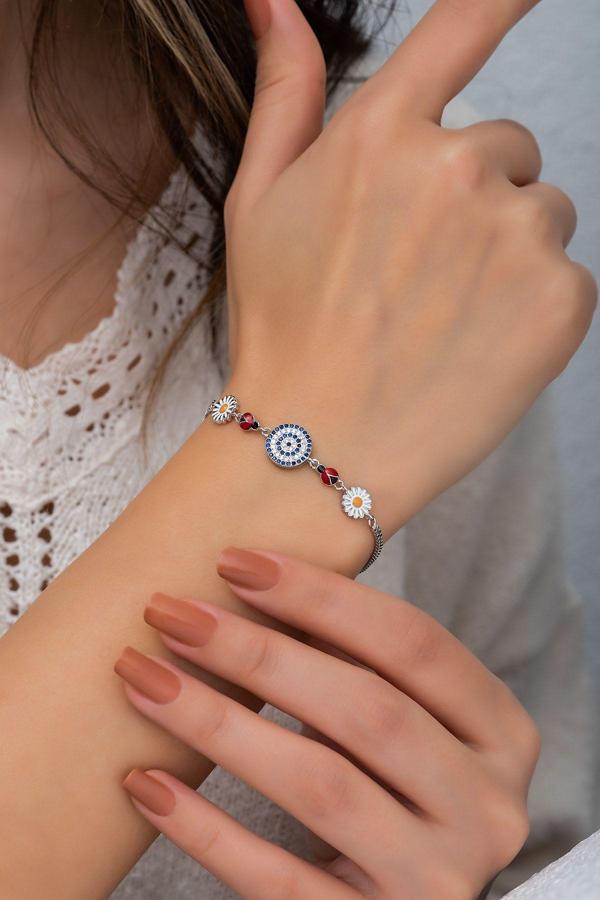 Nazargöz Papatya Uğur Böceği Renkli Mineli Rodyum Kaplama 925 Ayar Gümüş Bileklik - Uvps200159 - Image 1