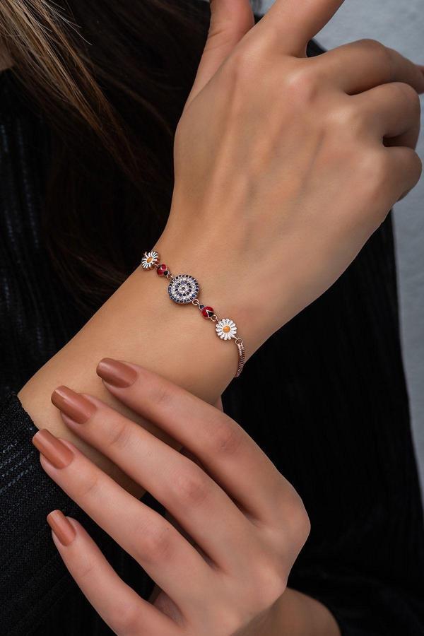 Nazargöz Papatya Uğur Böceği Renkli Mineli Rose Gold Kaplama 925 Ayar Gümüş Bileklik - Uvps200158 - Image 1
