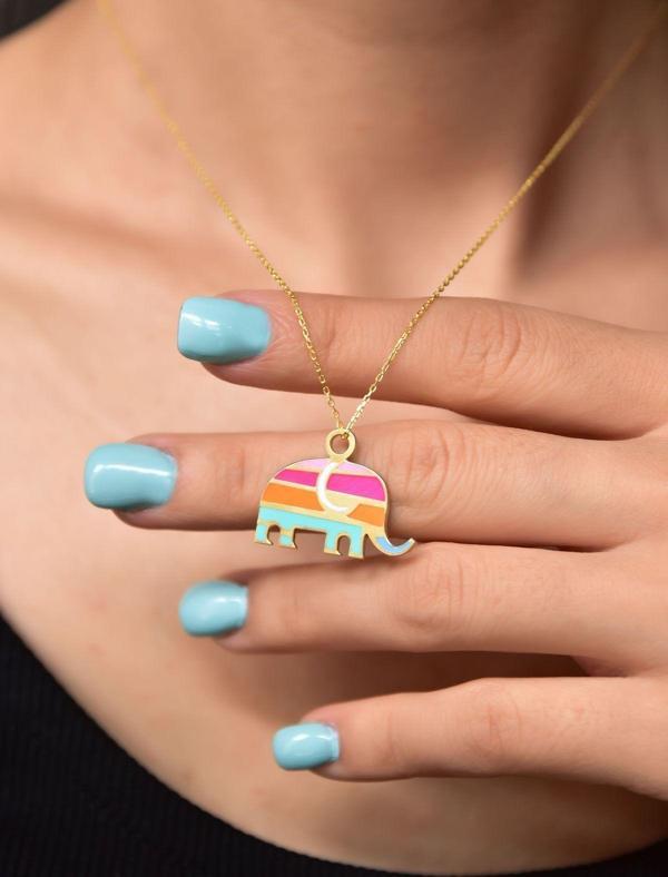 925 Ayar Gümüş Altın Kaplama Renkli Mineli Fil Kolye - Image 1