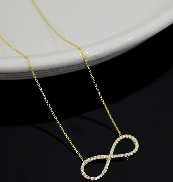 925 Ayar Gümüş Gold Kaplama Beyaz Taşlı Sonsuzluk Kadın Kolye - Image 1