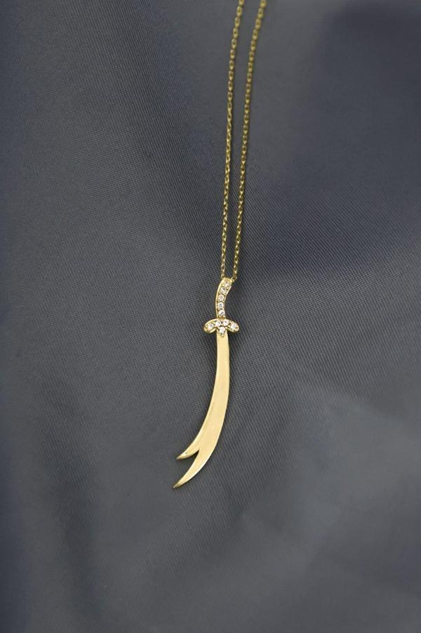 925 Ayar Gümüş Gold Kaplama Dikey Taşlı Zülfikar Kılıç Kolye - Image 1