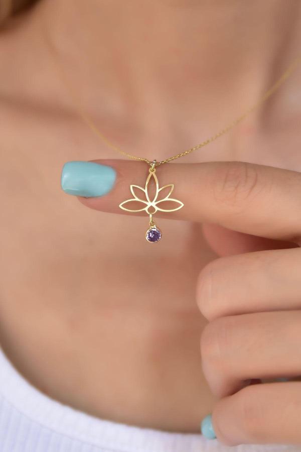 925 Ayar Gümüş Altın Kaplama Lotus Şubat Ayı Doğum Taşı Kolye - Image 1