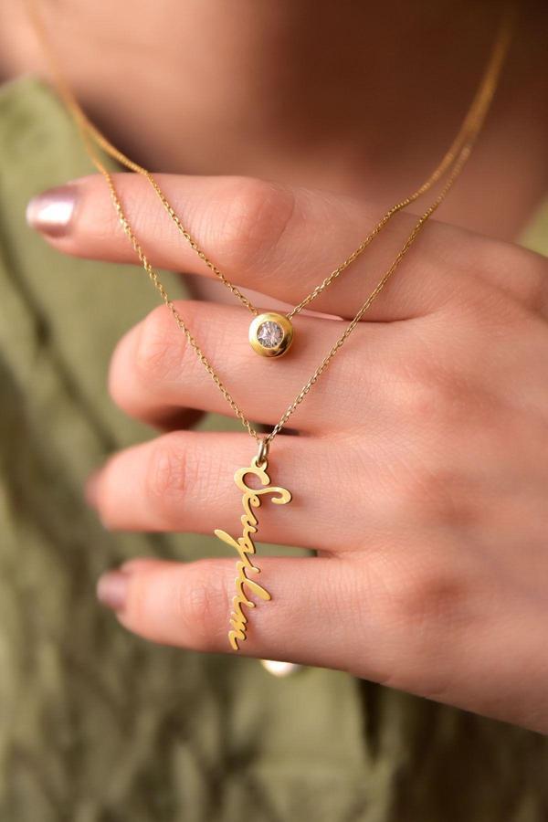 925 Ayar Gümüş Altın Kaplama Tektaş Ve Sevgilim Yazılı Asansörlü Kolye - Image 1